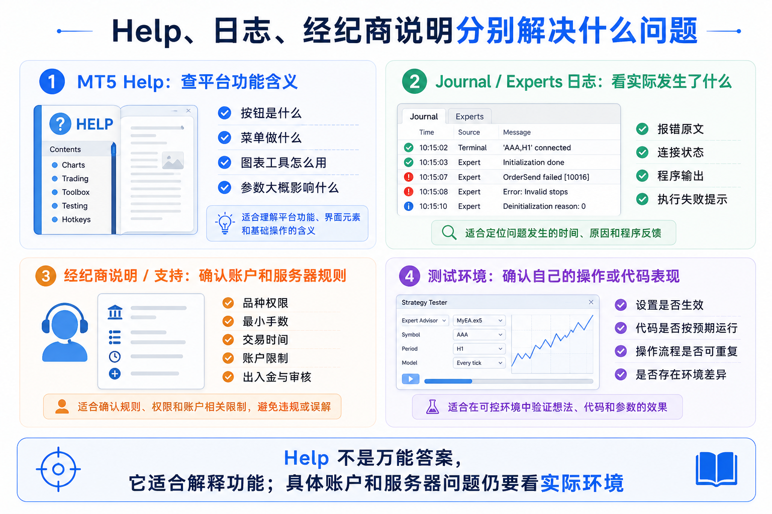 MT5 Help、Journal 日志与经纪商说明分别解决平台功能、运行报错与账户规则问题